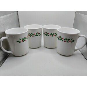 Vintage 1985 Corning Corelle HOLLY DAYS Christmas Mugs Set of 4 Solid White